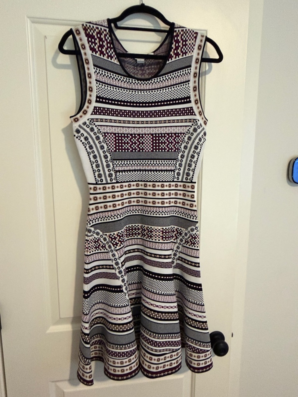 Sleeveless Patterned Fit & Flare Dress in White and Burgundy